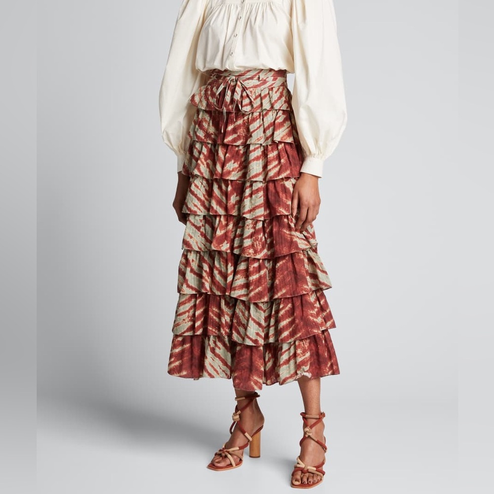 Ulla‎ Johnson Margot Skirt Canyon Size 0 Tiered Brick Sea Green Midi Maxi Skirt